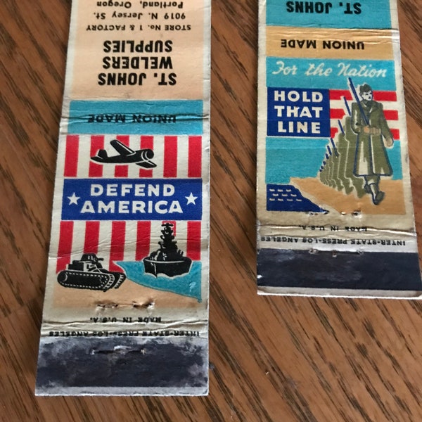 World War II Homefront, "Hold That Line" & "Defend America" Matchbook Covers, 1940's, Strong Americana Graphic, St John's, Portland Oregon