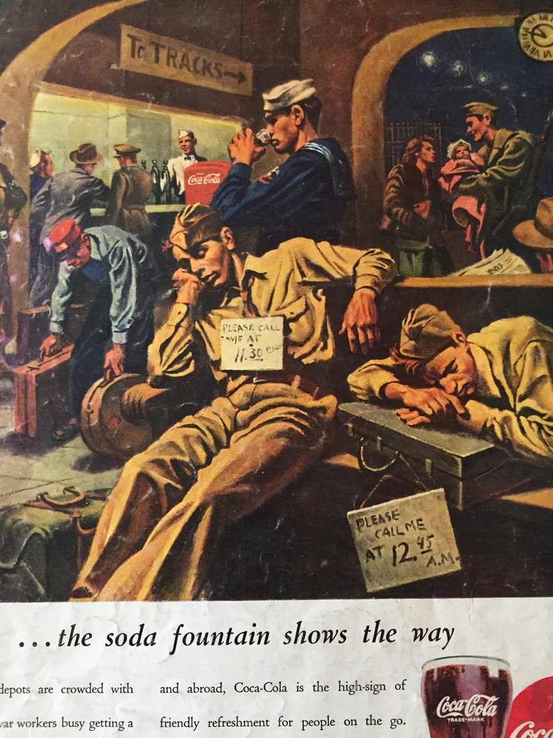 Vintage 1940s Iconic Coca Cola Ad Military 1940's at Train image 0