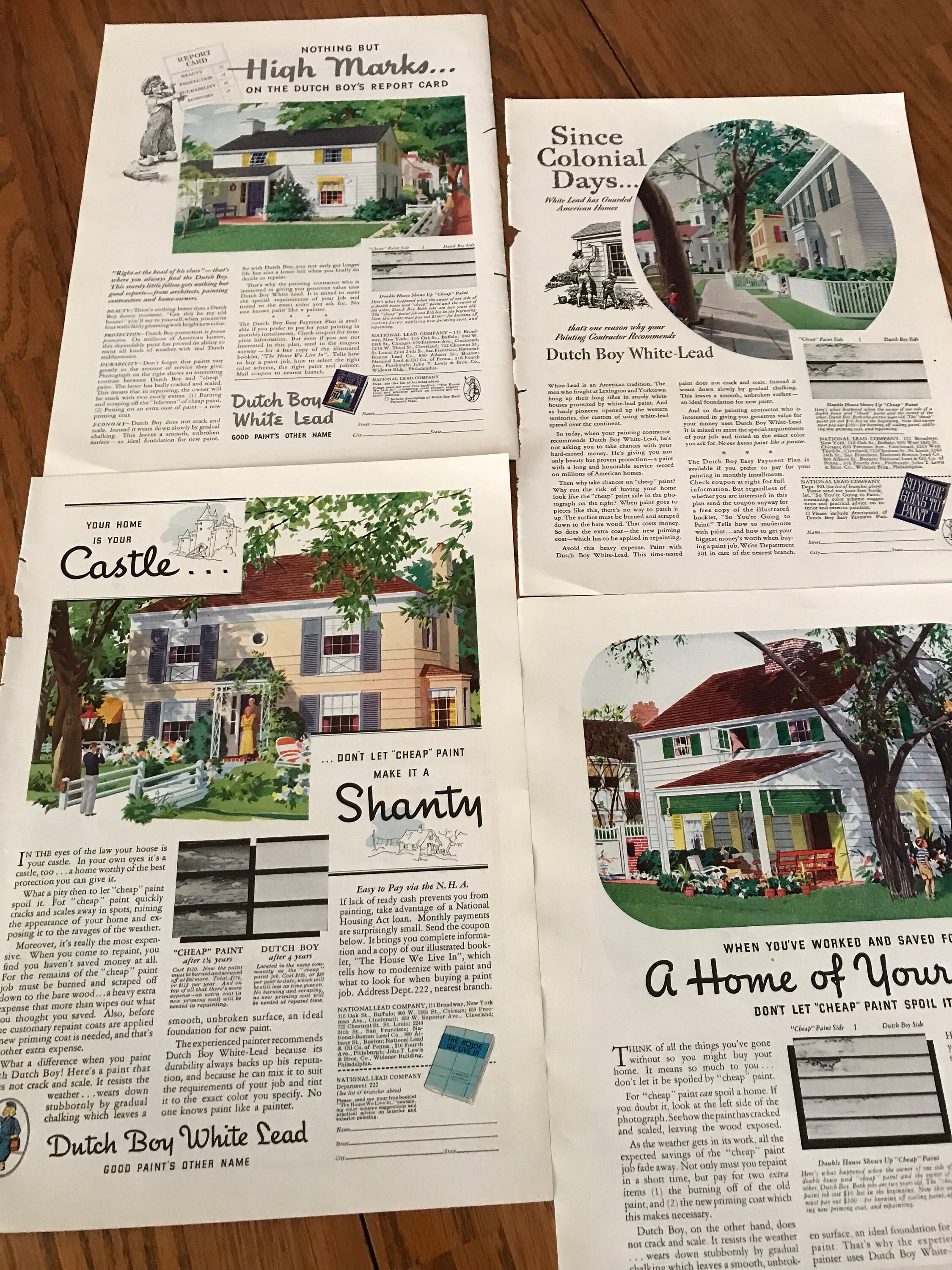 1930's Homes, Grouping 4 Original Vintage Ads for Dutch Boy