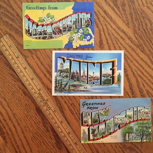 Set of 3 vintage BIG LETTER postcards original & unused, featuring retro tourist vintage vacation souvenirs from Massachusetts Maine 46
