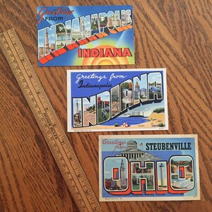 Set di 3 cartoline vintage BIG LETTER originali e mai utilizzate, con souvenir turistici retrò di Indianapolis Indiana Steubenville ohio 31