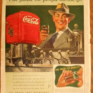 Classic Old Ads: 1940s Coca Cola Ad to Frame, Vintage Men&#39;s Fashion, Cola Soda Fountain, Zero Waste Decor to Frame, D8