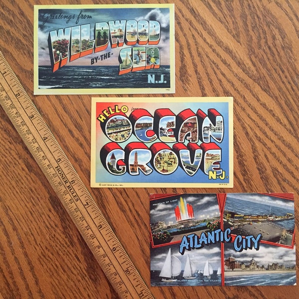 Set of 3 vintage BIG LETTER postcards original & unused, featuring retro tourist souvenirs from New Jersey vintage vacation souvenirs 35