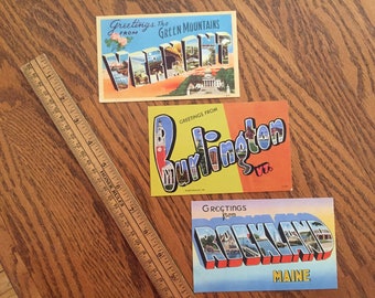 Set of 3 vintage BIG LETTER postcards original & unused, featuring retro tourist vintage vacation souvenirs from New England Maine Vermont45