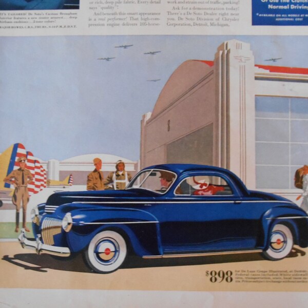 1941 Blue DeSoto Car Ad to Frame, Old Blue Car, Vintage Car Garage Decor, 40's Service Men in Car Ad,  Nabisco Ritz Cracker Ad A 5