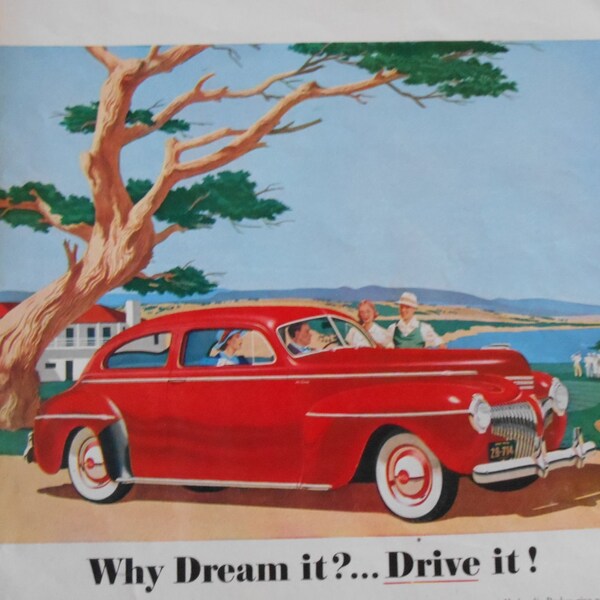 1941 Red DeSoto Ad to Frame, Vintage Car Collector Gift, 40's Freeways, Retro Garage Decor, Seek Red baby Boomer's Dream Car,  A4