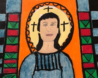 Nun's Original Artwork, "Maria Full of Grace" Benedictine Sister Carmel, Mt. Angel Abbey, OR, Rampant Colors, Large Religious Primitive Art