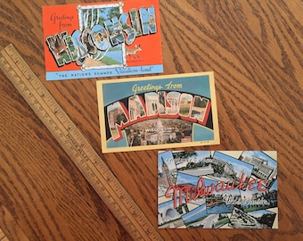 Set of 3 vintage BIG LETTER postcards original & unused, featuring retro tourist souvenirs from