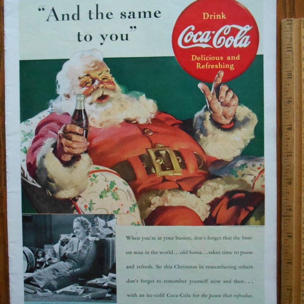 Retro Coca Cola Ad Santa Clause enjoying a Coke Coke collector gift Christmas theme, Pause that Refreshes, Zero Waste Christmas Decor, X39