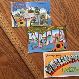 Conjunto de 3 cartões postais vintage BIG LETTER originais e não utilizados, com lembranças turísticas retrô de Kansas, Wichita, Topeka, Wellington 7