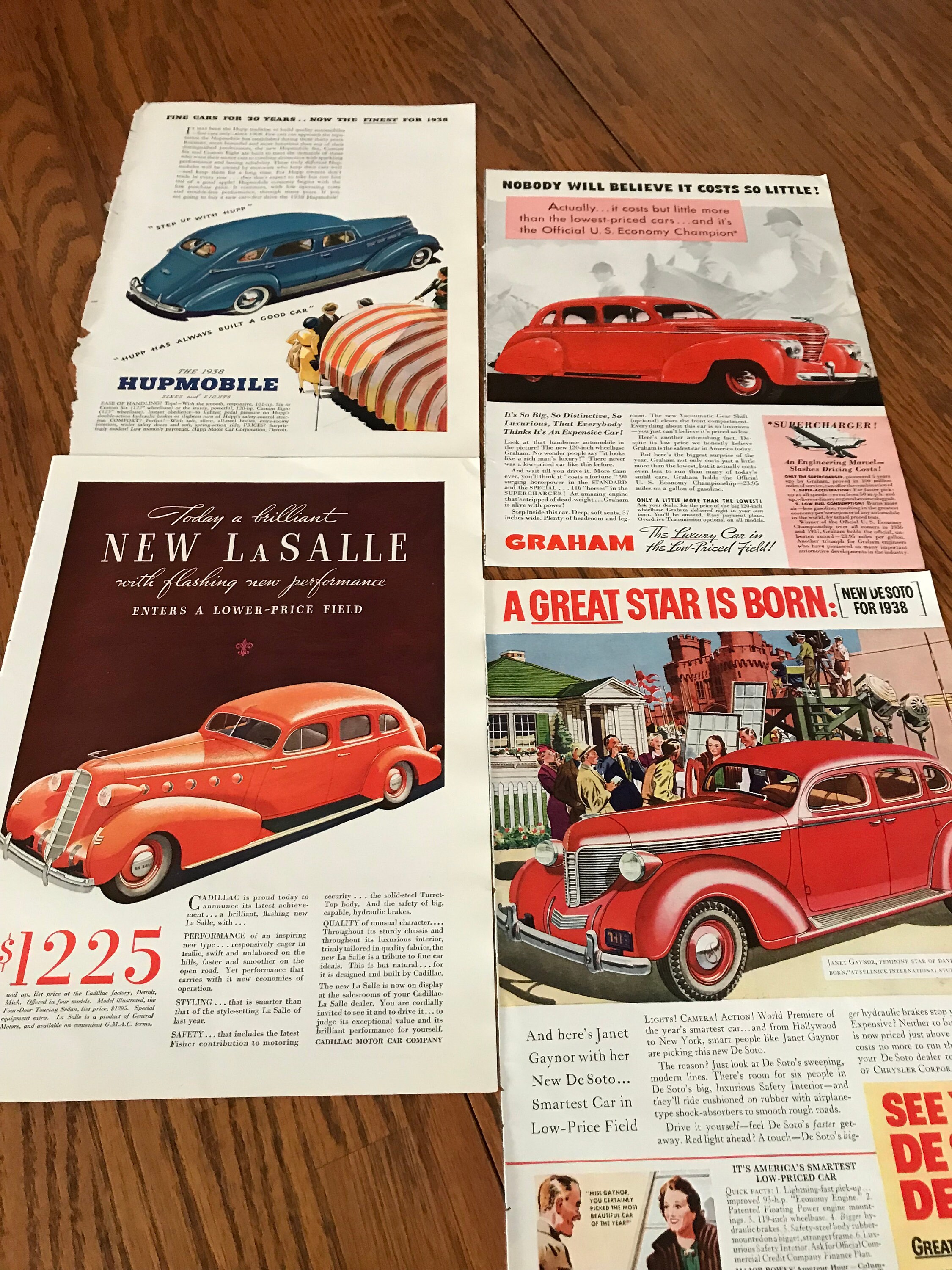 Grouping of 4 Vintage Car Ads, Unusual Car Decor: Hupmobile