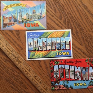Set of 3 vintage BIG LETTER postcards original & unused, featuring retro tourist souvenirs from Iowa, Davenport, Des Moines, Ottumwa 10 1