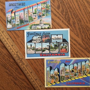 Lot de 3 cartes postales vintage GRANDES LETTRES originales et inutilisées, avec des souvenirs touristiques rétro de SoCal, Los Angeles, San Diego, Sacramento 1