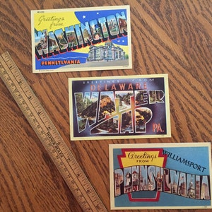Lot de 3 cartes postales vintage GRANDES LETTRES originales et inutilisées, avec des souvenirs touristiques rétro de Pennsylvanie, souvenirs de vacances vintage 40
