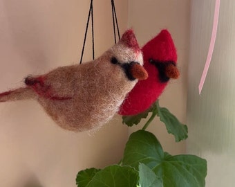 Needle felted cardinal ornament, 100% wool handmade felt bird