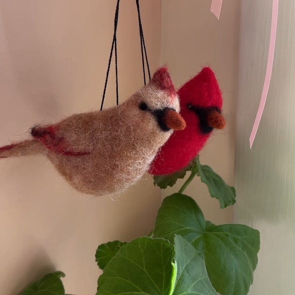 Needle felted cardinal ornament, 100% wool handmade felt bird