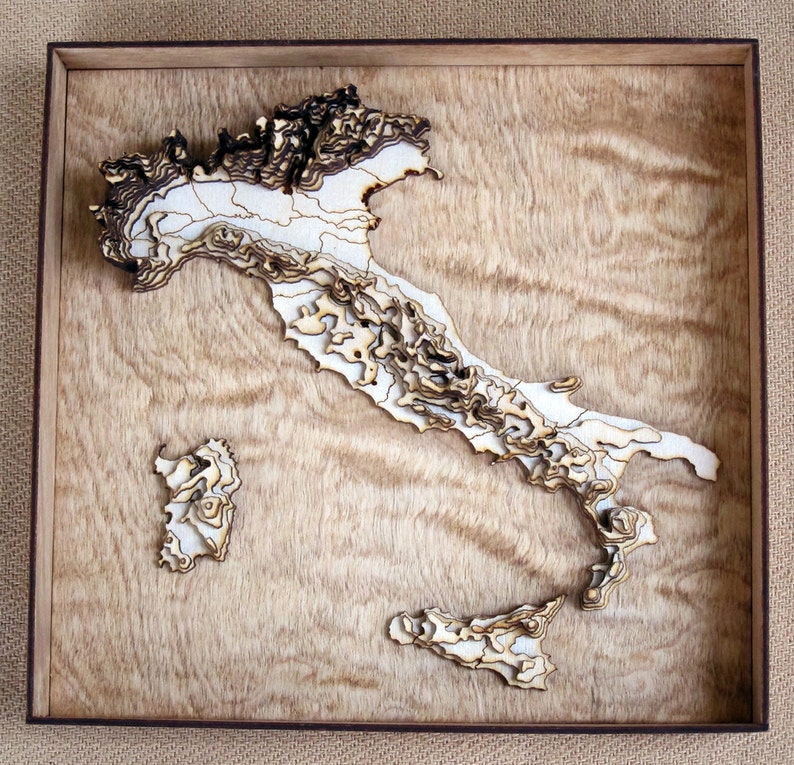 Framed 3 D Italy Map Wooden Laser Cut With Topography Image 0