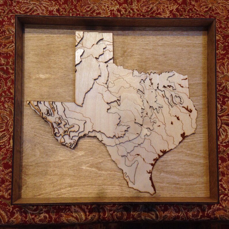 Framed 3 D Texas Map Wooden Laser Cut Showing Topography Image 0
