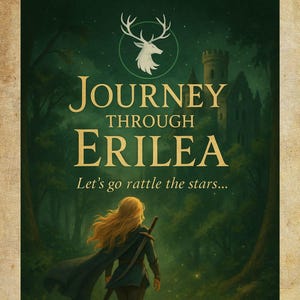 May include: Book cover illustration for "Journey Through Erilea." A woman with long blonde hair and a sword walks through a forest. The title is in gold lettering, with a deer emblem above. Text reads "Let's go rattle the stars..."
