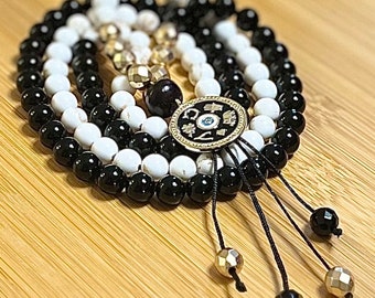 Black White Obsidian Mala, 108 Beaded Necklace, Prayer Beads Meditation, Handmade Gift For Him, Spiritual Jewelry