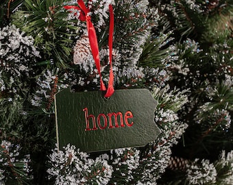 Leather Christmas Tree Ornament, Green and Red Pennsylvania Gift, Pennsylvania Home, Handmade Ornament, Leather Holiday Ornament, Made in PA