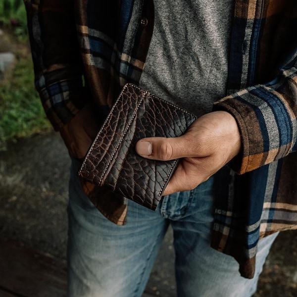 Chocolate Brown Bison Leather Bifold Wallet, Personalization Available, Handmade in the USA