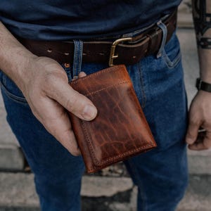 Natural Bison Leather Trifold Wallet for Men with ID Window, Handmade in the USA