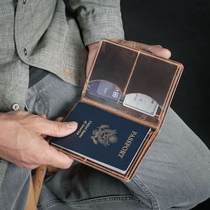 Cartera para pasaporte de cuero marrón rústico, estuche para pasaporte, hecho a mano en EE. UU.