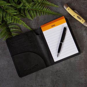 Black Bison Leather Notebook Wallet with Rhodia Notebook and Pen, Handmade in the USA