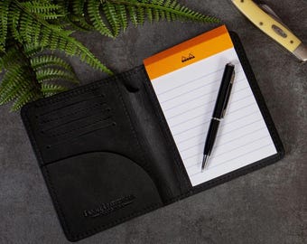 Black Bison Leather Notebook Wallet with Rhodia Notebook and Pen, Handmade in the USA