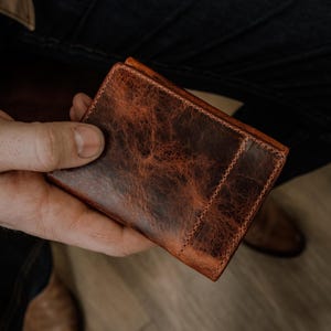Handmade Bison Leather Trifold Wallet with ID Window, USA Made, Personalized