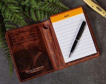 Rich Brown Bison Leather Notebook Wallet with Rhodia Notepad and Pen, Handmade in the USA