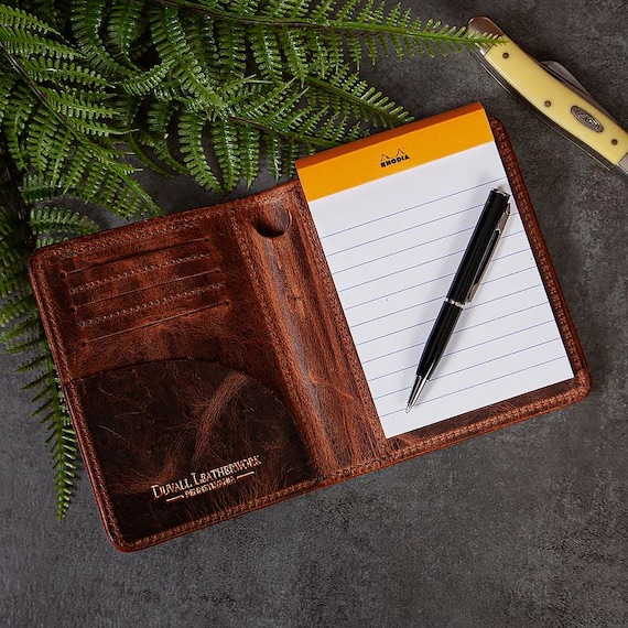 Rich Brown Bison Leather Notebook Wallet with Rhodia Notepad and Pen, Handmade in the USA
