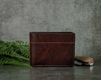Men's Leather Wallet, Genuine Leather Bifold, Leather Wallet with ID Window, Sturdy Leather Wallet, Bison Leather Wallet, American Made