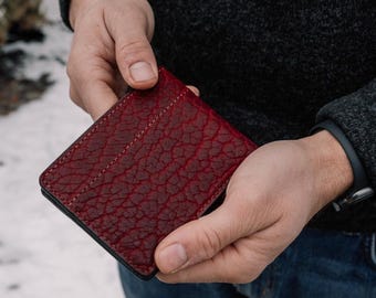 Red/Maroon Bison Leather Bifold Wallet, Personalization Available, Handcrafted in the USA