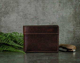 Red Brown Bison Leather Bifold Wallet, Personalization Available, Handmade in the USA