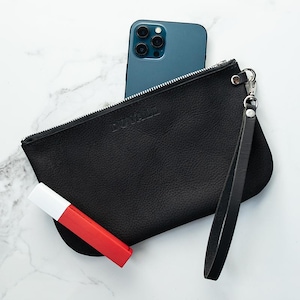 Black Leather Wristlet Clutch Purse with Strap, Handmade in the USA