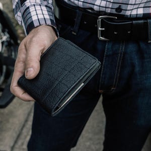 Black Bison Leather Bifold Wallet with ID Window, Handmade Classic Wallet for Men, Personalization Available, Made in the USA