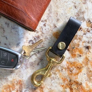 Black Leather Keychain with Snap and Clip, Handmade in the USA