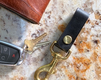 Black Leather Keychain with Snap and Clip, Handmade in the USA