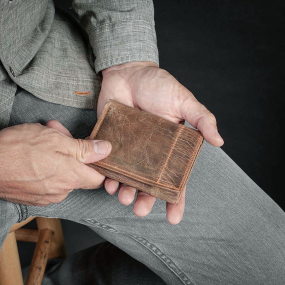 Vintage Brown Tri-fold Wallet for Men Handmade Genuine 