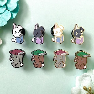 Mini Reading Bunny and Mini Bunny with Book on Head Hard Enamel Pin