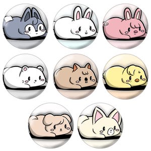 May include: A collection of seven cartoon animal illustrations, each within a circular frame. The animals include a gray bunny, a white bunny, a pink pig, a white bear, a brown wombat, a yellow duck, and a beige dog. Each animal is lying down.