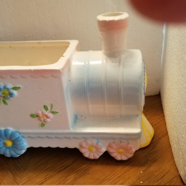 Vintage, Train Engine Planter, Blue and White