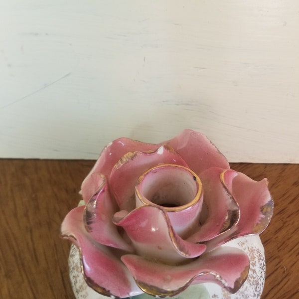 Vintage Commodore, Pink Rose Candle Stick Holder, Made in Japan