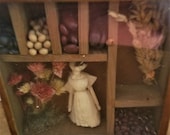 Small Prim Shadow Box,Vintage Corn Husk Doll, Dried Flowers, Beans