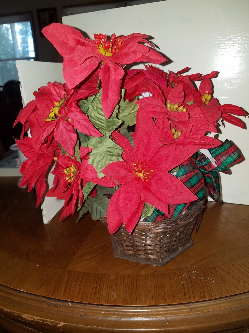Silk Flower Poinsettia Arrangement in Basket Etsy