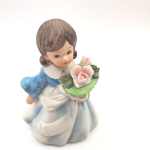Vintage Girl Figurine, Holding A Pink Rose