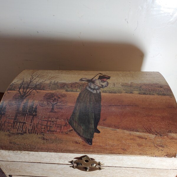 Vintage Wooden Jewelry Box, Decoupage Victorian Lady