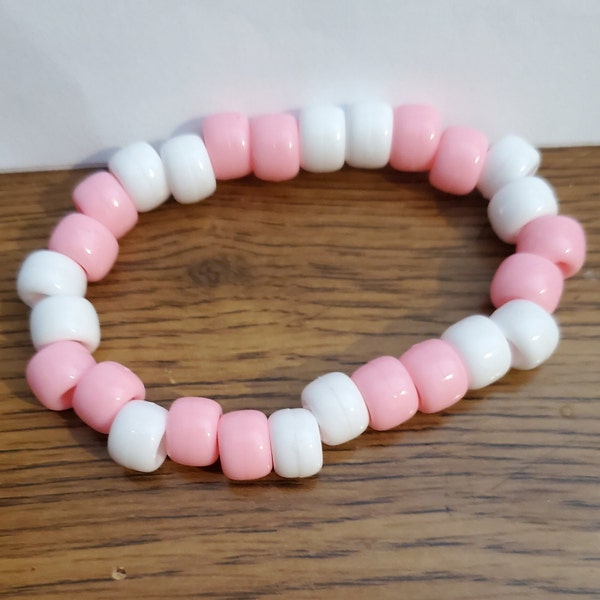 Hand Made Pony Bead Bracelet, Pink and White,  Elastic Cord